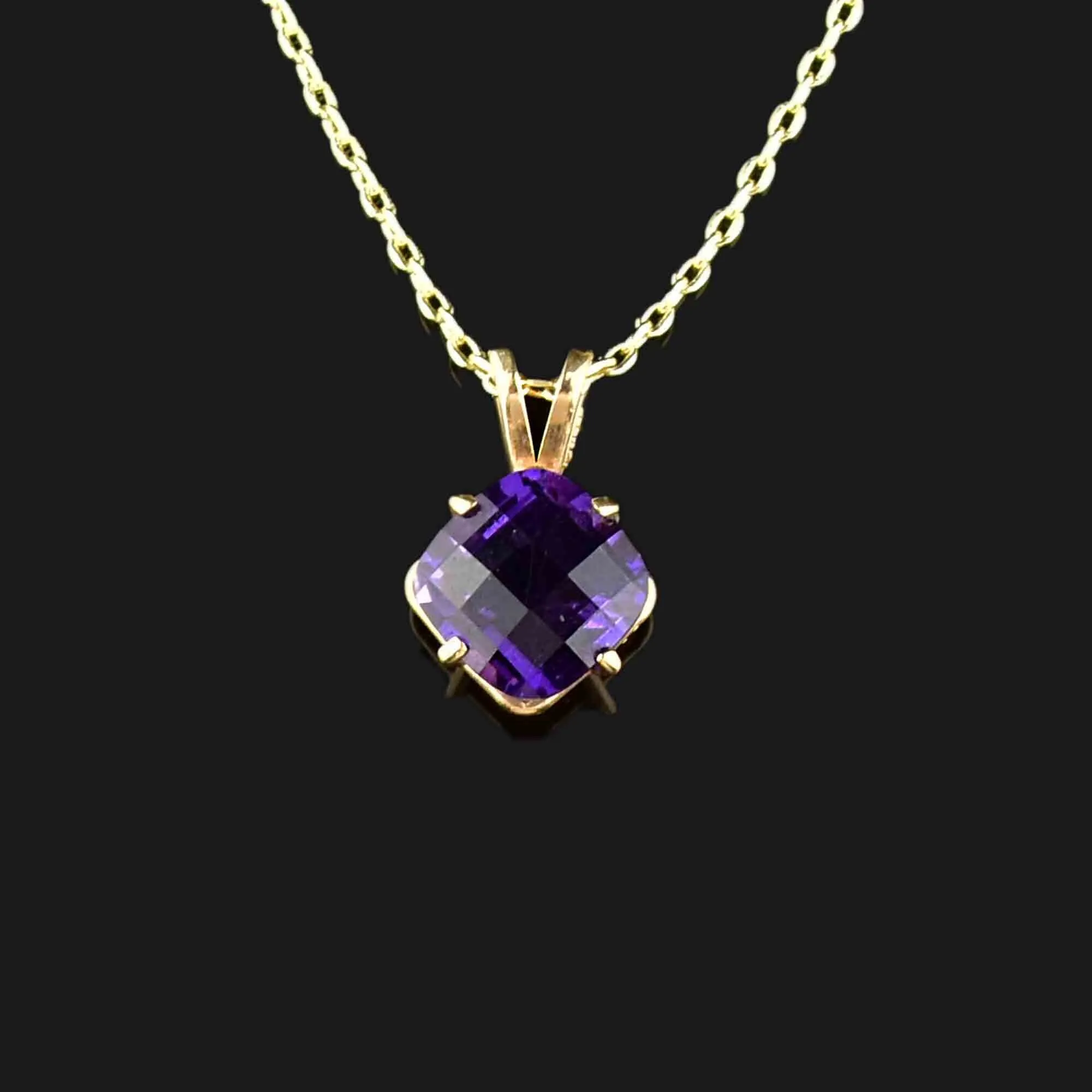 14K Gold Checkerboard Amethyst Pendant Necklace