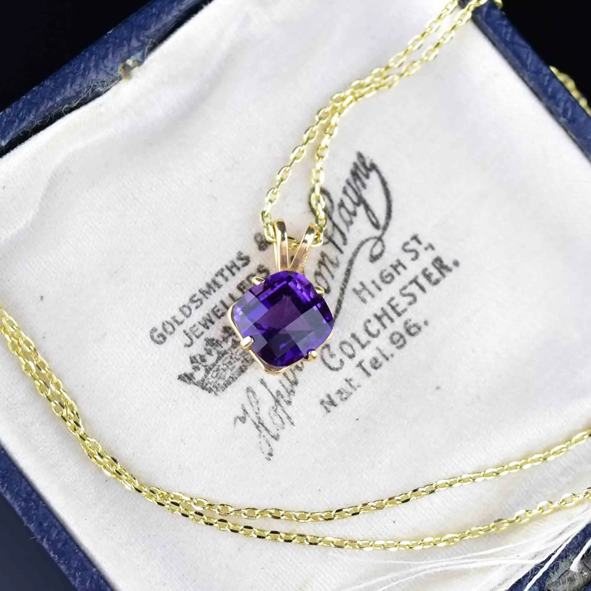 14K Gold Checkerboard Amethyst Pendant Necklace