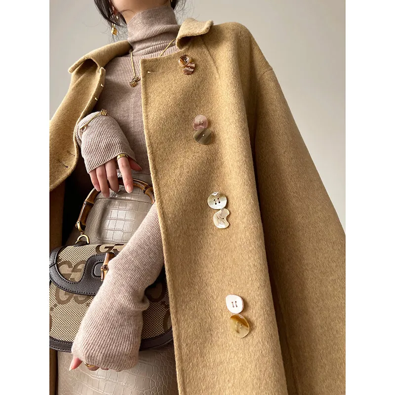 Aconiconi Caramel Tan Full Wool Double-Sided Tweed Women's Winter Couture Minimalist Long Coat- Cook