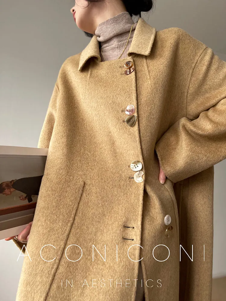 Aconiconi Caramel Tan Full Wool Double-Sided Tweed Women's Winter Couture Minimalist Long Coat- Cook