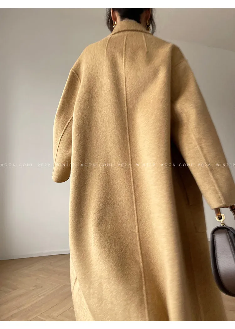 Aconiconi Caramel Tan Full Wool Double-Sided Tweed Women's Winter Couture Minimalist Long Coat- Cook