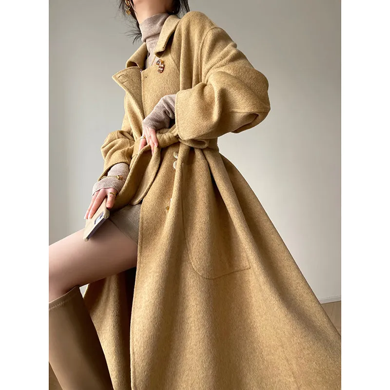 Aconiconi Caramel Tan Full Wool Double-Sided Tweed Women's Winter Couture Minimalist Long Coat- Cook