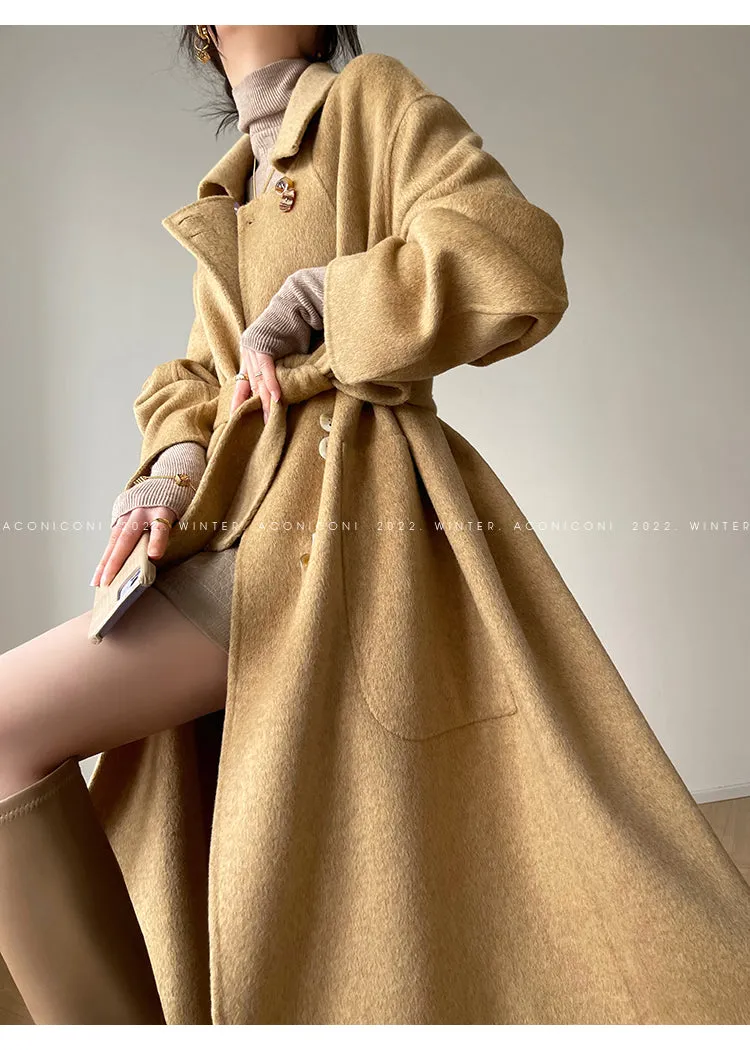 Aconiconi Caramel Tan Full Wool Double-Sided Tweed Women's Winter Couture Minimalist Long Coat- Cook