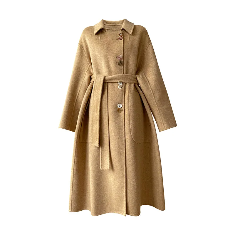 Aconiconi Caramel Tan Full Wool Double-Sided Tweed Women's Winter Couture Minimalist Long Coat- Cook