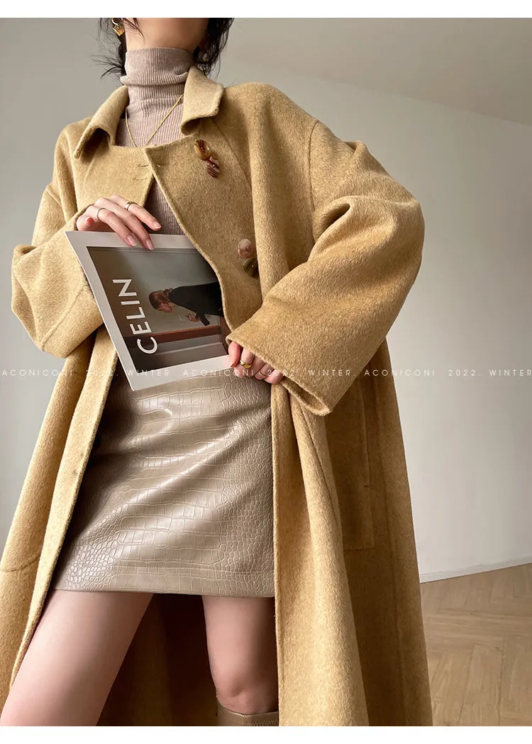 Aconiconi Caramel Tan Full Wool Double-Sided Tweed Women's Winter Couture Minimalist Long Coat- Cook