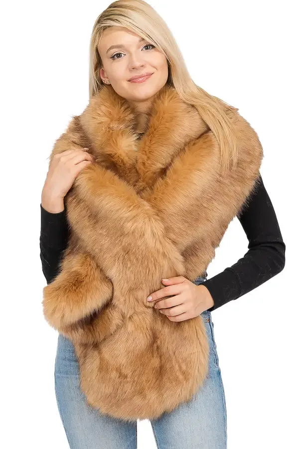 Beige Faux Fur Satin Lined Stole Shawl Scarf