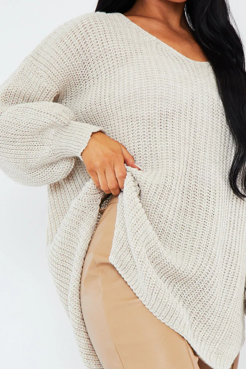 Beige Oversized Knit V Neck Sweater - Evelyn