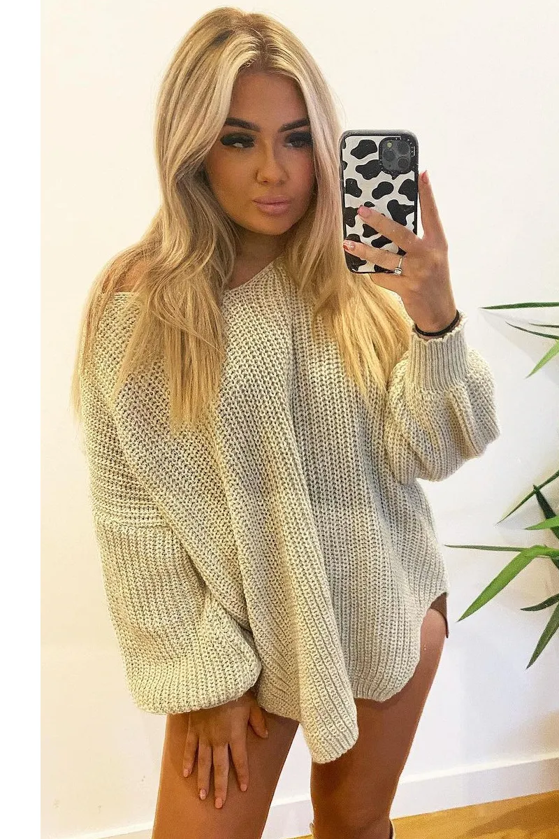 Beige Oversized Knit V Neck Sweater - Evelyn