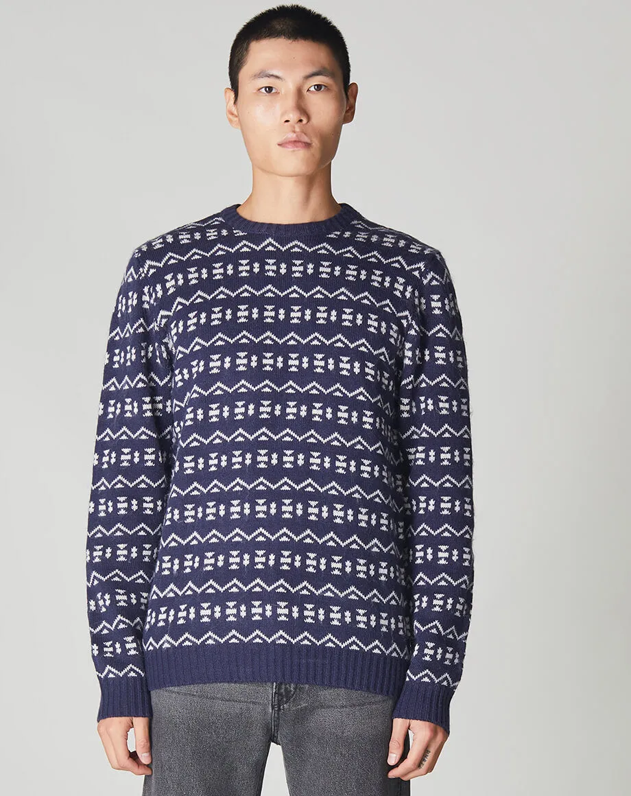 BERGER FOLK FAIR ISLE KNIT MENS CREW NECK JUMPER | NAVY