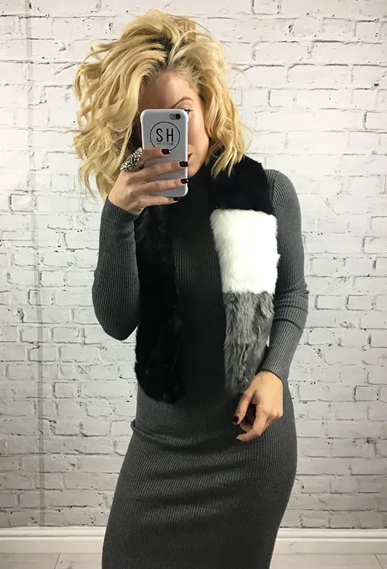 Black, White Grey Faux Fur Scarf