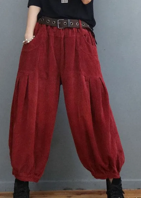 Bohemian Red Pockets wrinkled Corduroy lantern Pants Winter