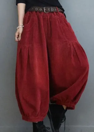 Bohemian Red Pockets wrinkled Corduroy lantern Pants Winter