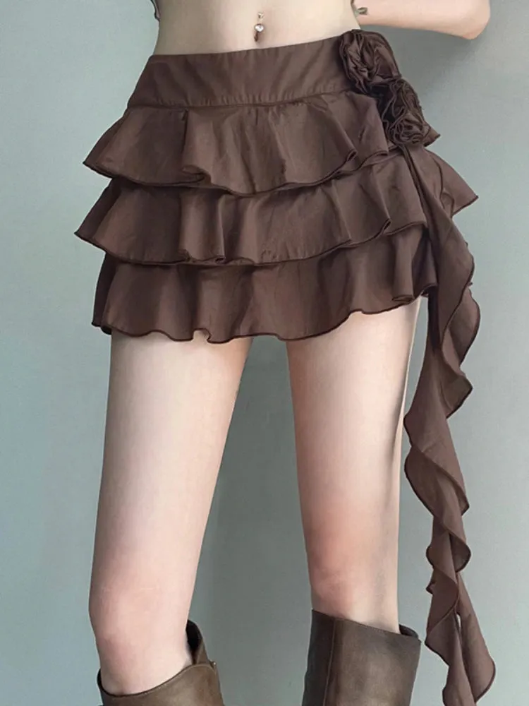 Brown Pleated Multi-Layer Fringe Skirt