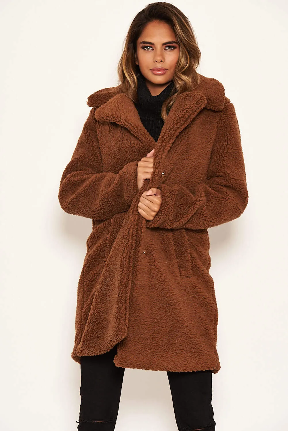 Brown Teddy Faux Fur Coat With Collar