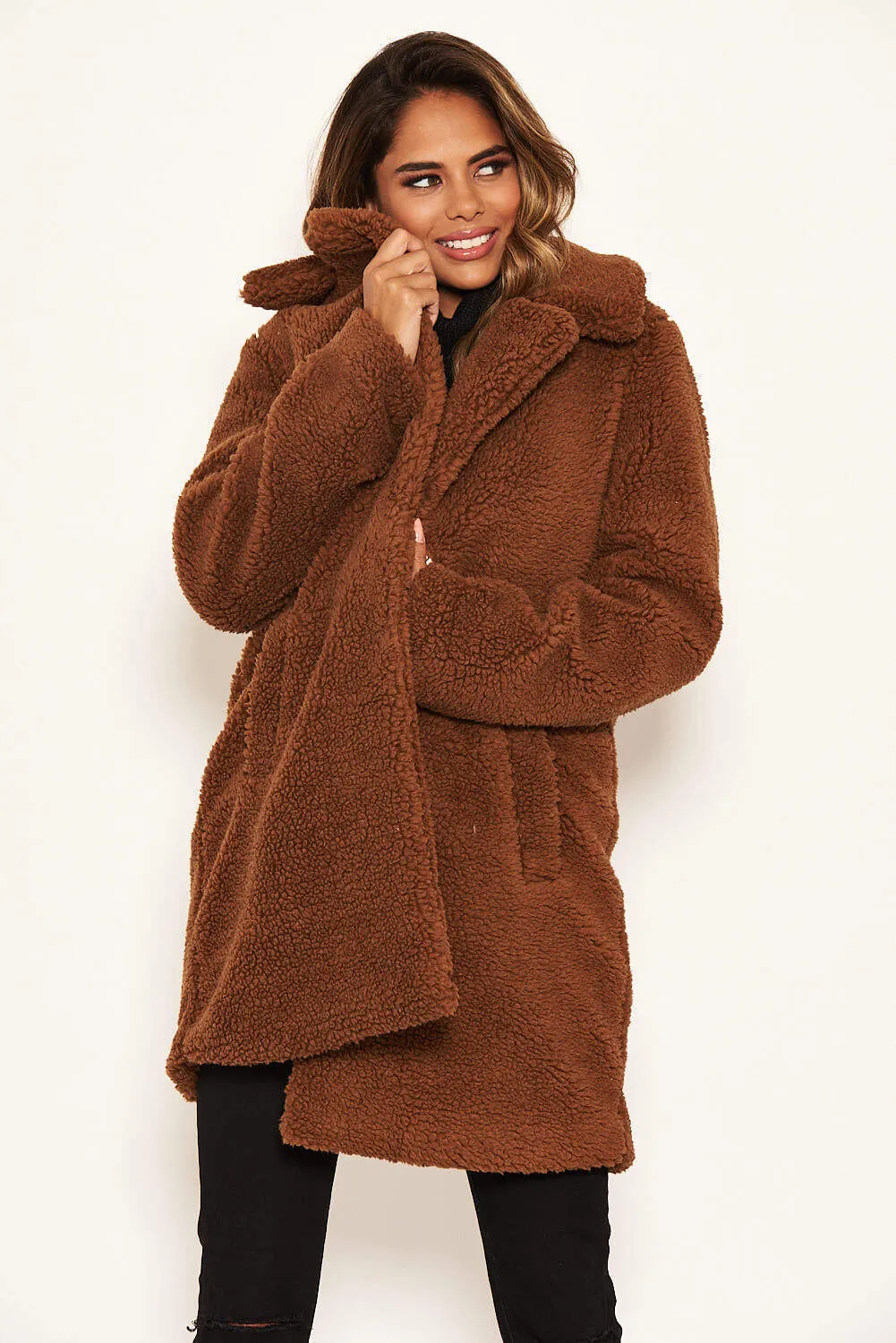 Brown Teddy Faux Fur Coat With Collar