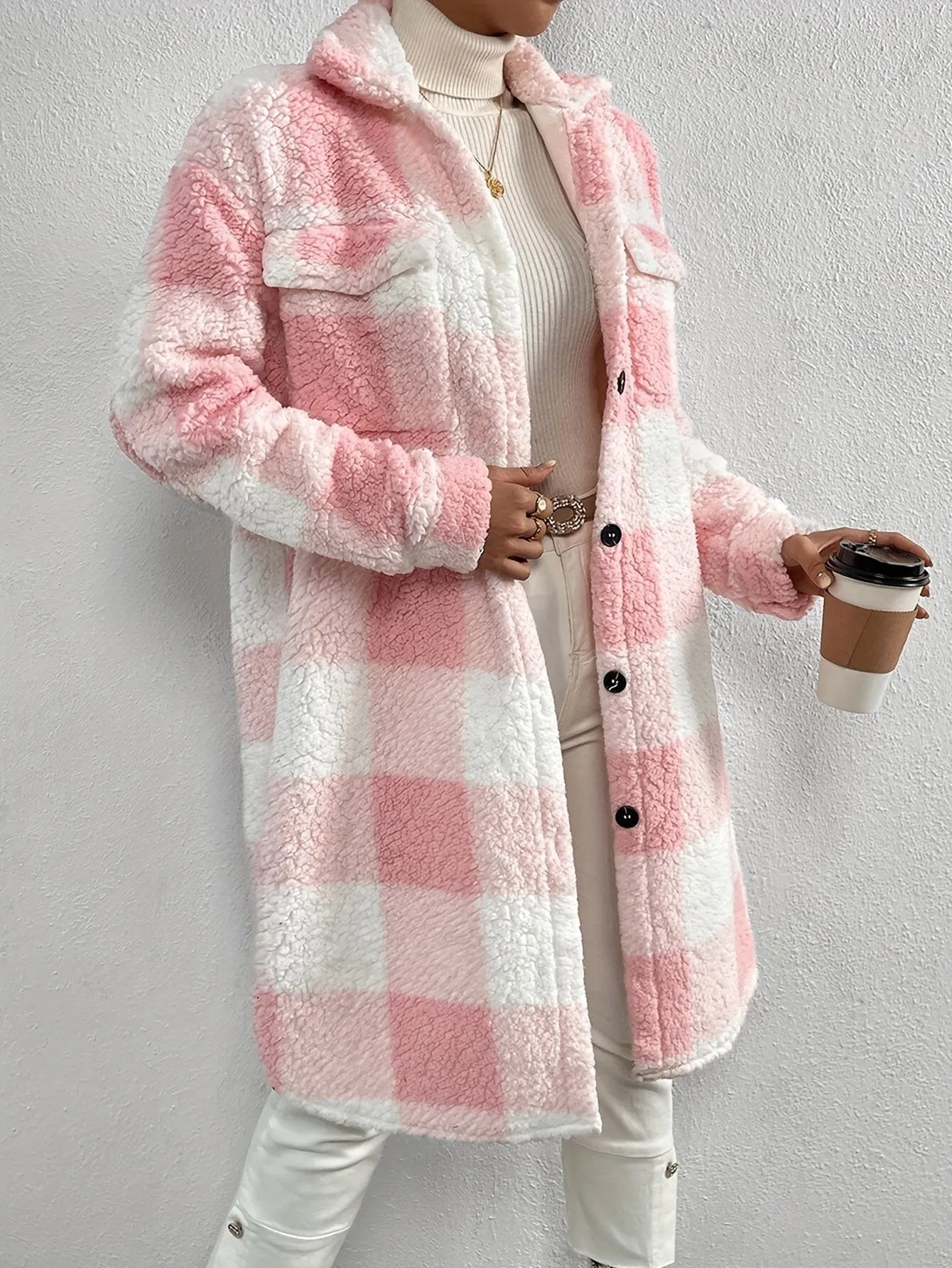 Button-Up Sherpa Plaid Coat