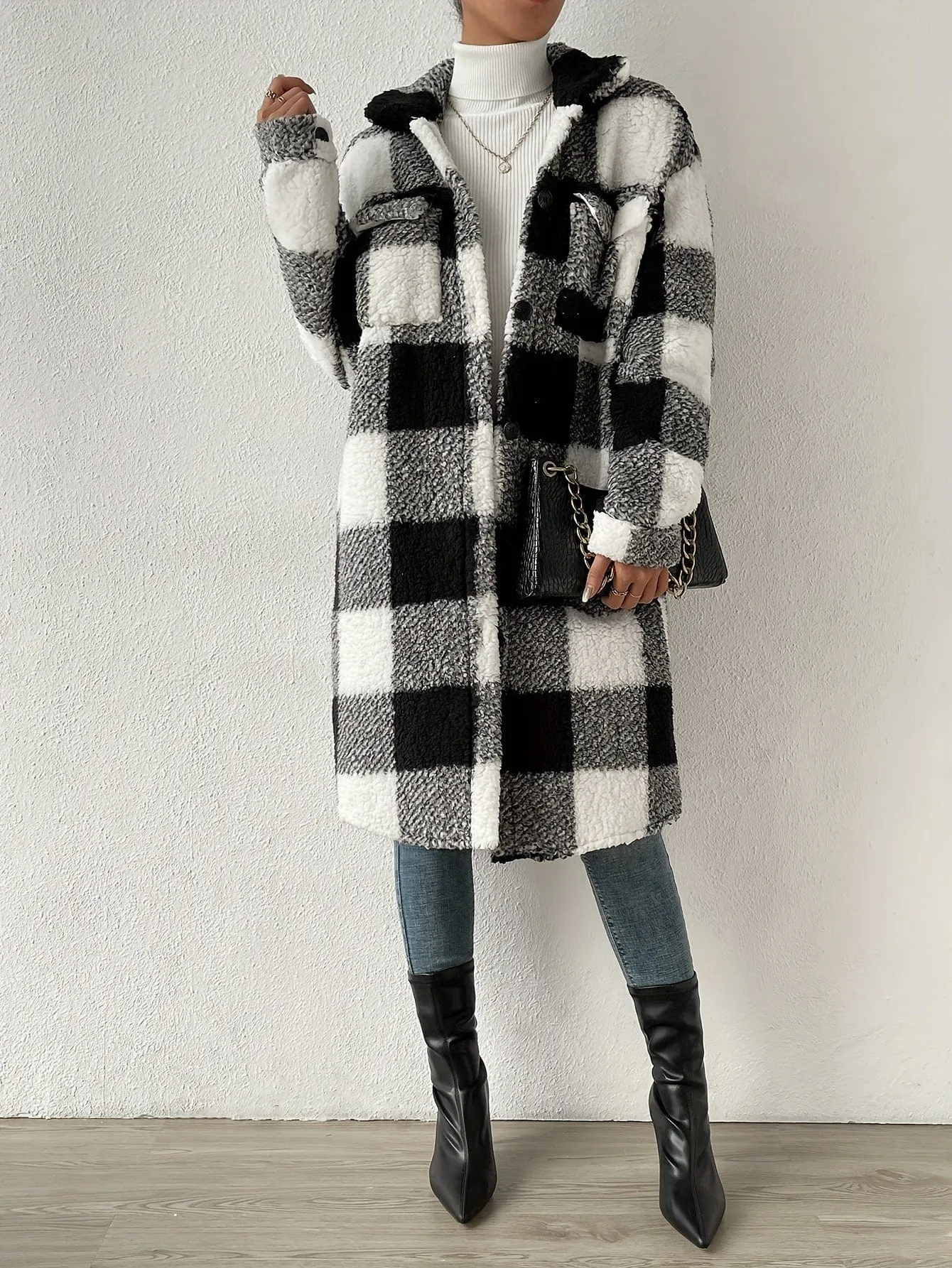 Button-Up Sherpa Plaid Coat