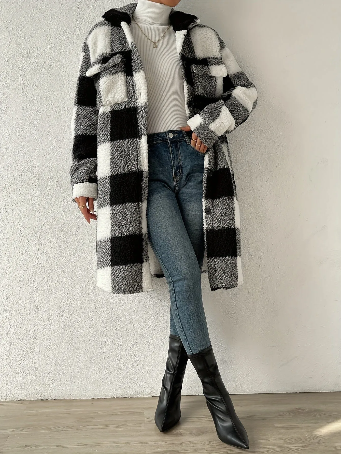 Button-Up Sherpa Plaid Coat