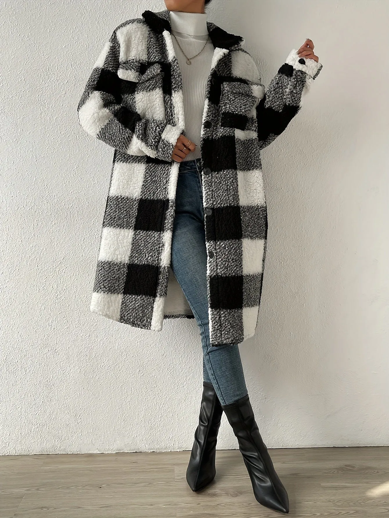 Button-Up Sherpa Plaid Coat