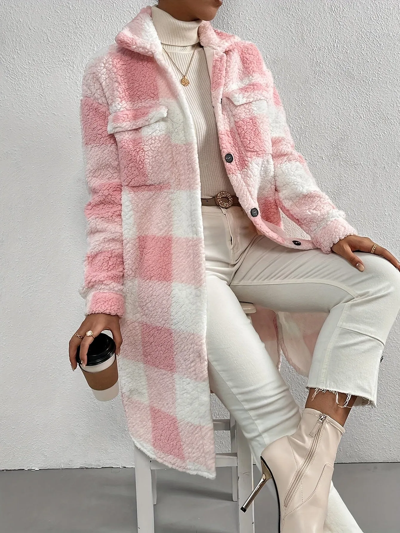 Button-Up Sherpa Plaid Coat