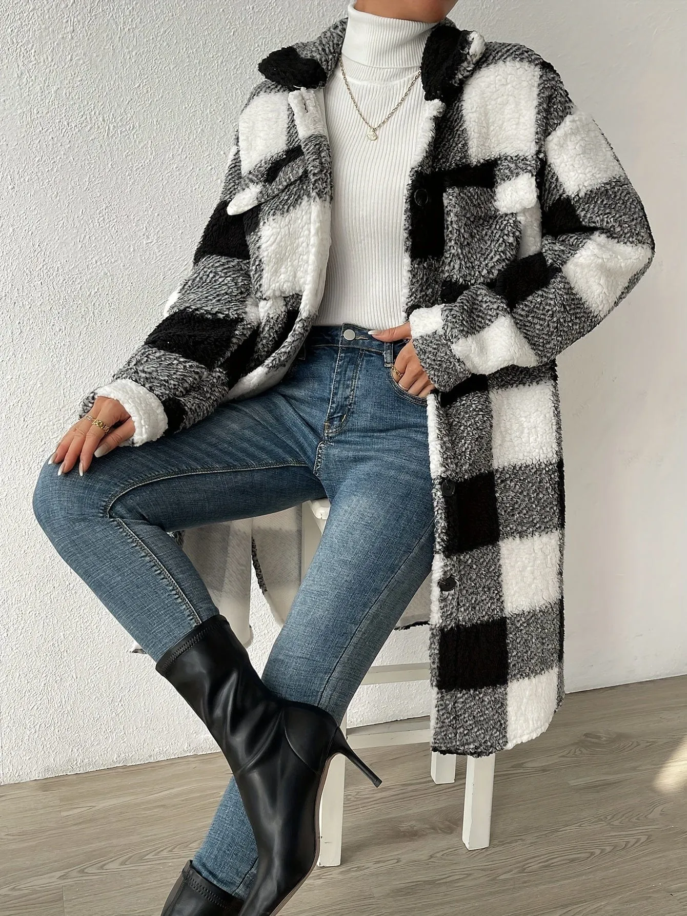 Button-Up Sherpa Plaid Coat