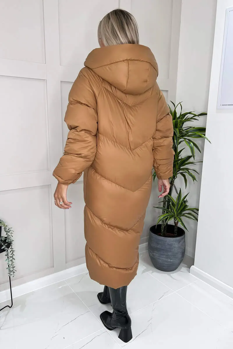 Camel Hooded Long Puffer Coat