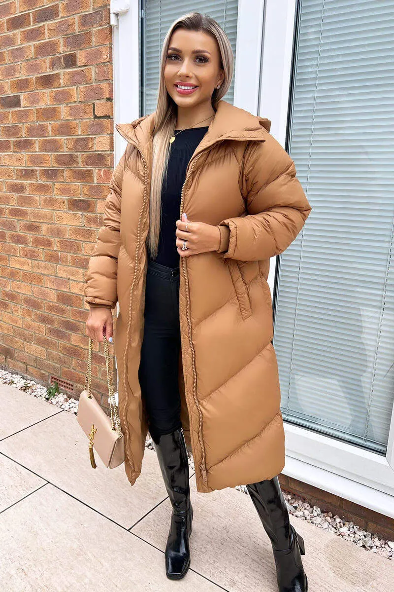 Camel Hooded Long Puffer Coat