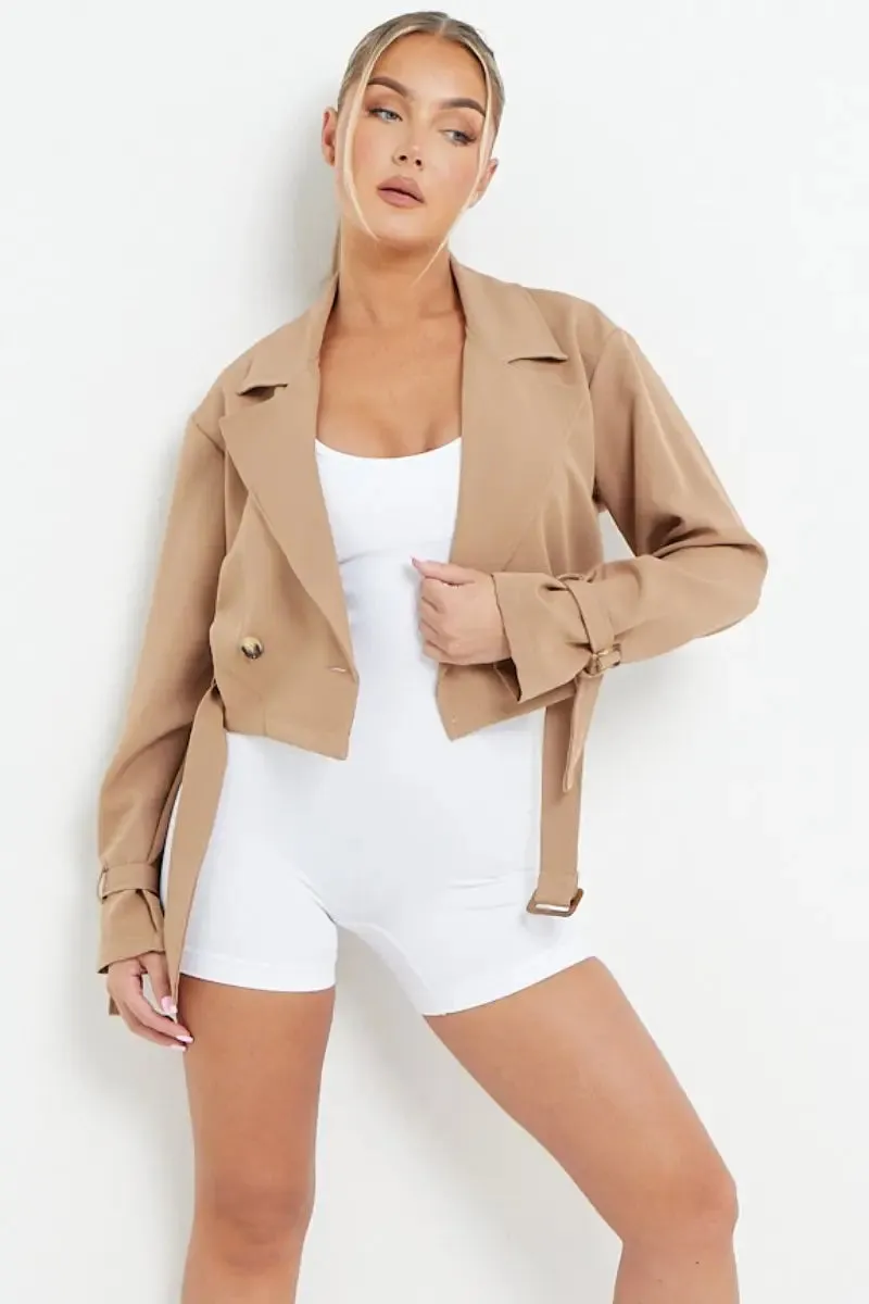 Camel  Notch Lapel Belt Decor Short Jacket