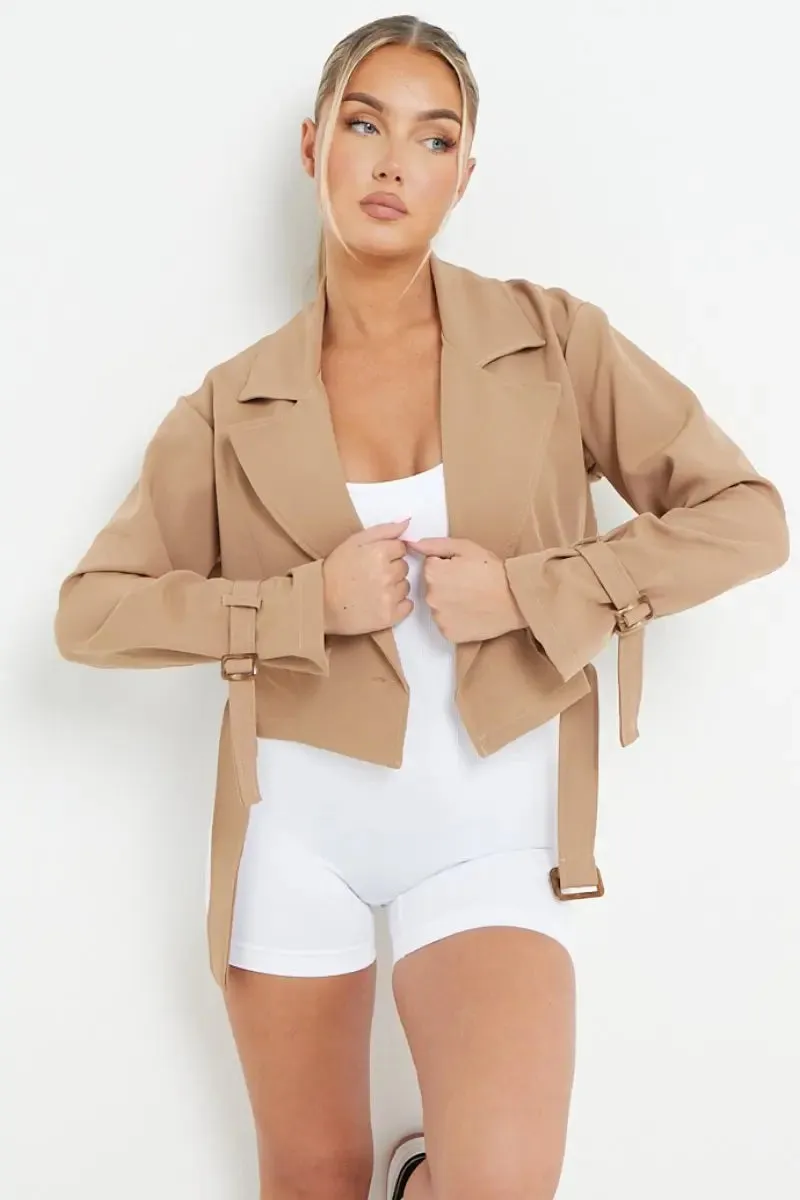 Camel  Notch Lapel Belt Decor Short Jacket