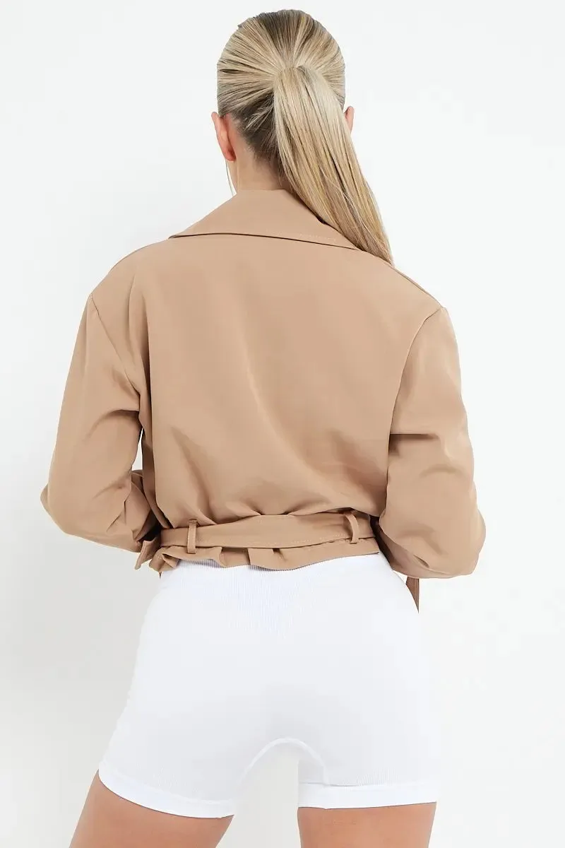 Camel  Notch Lapel Belt Decor Short Jacket