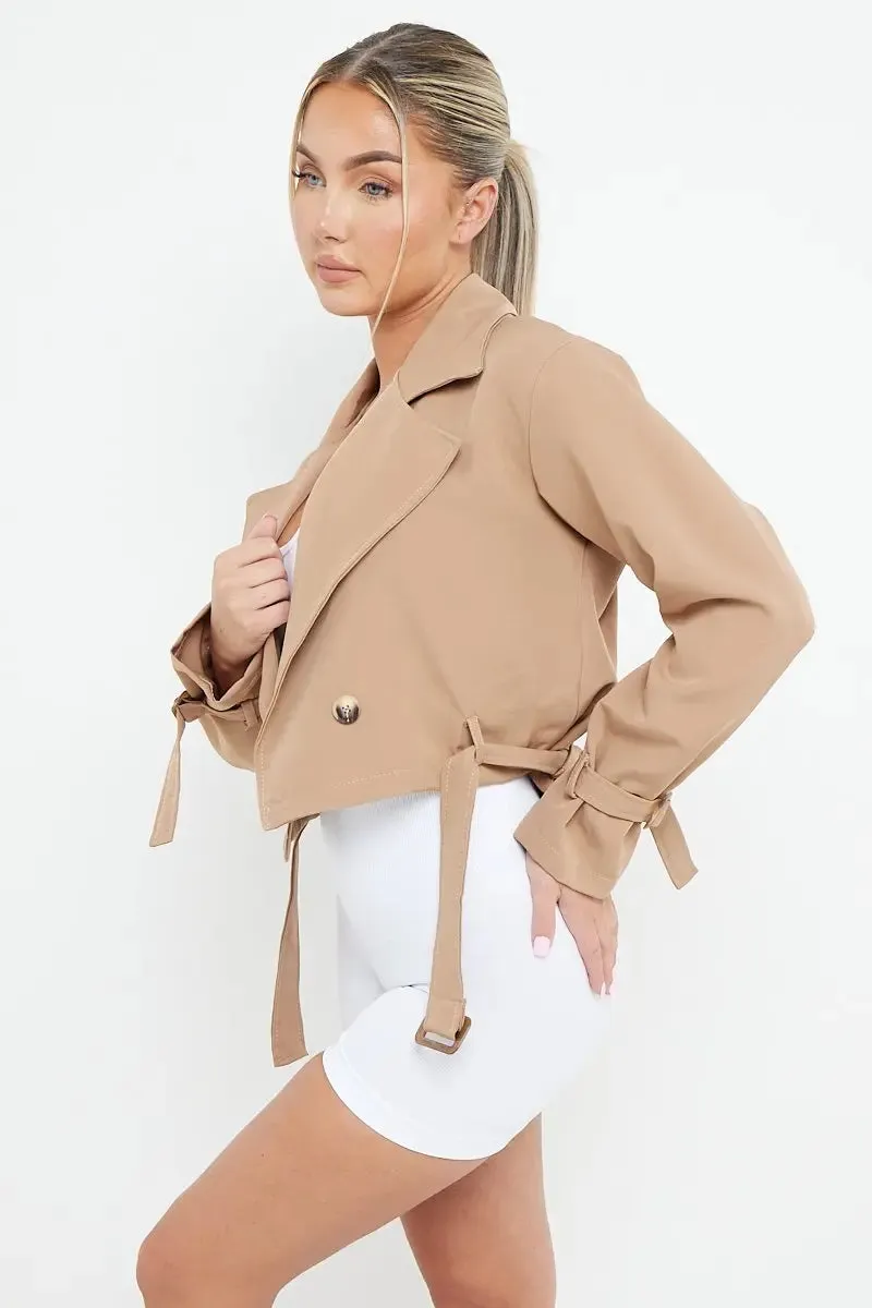 Camel  Notch Lapel Belt Decor Short Jacket