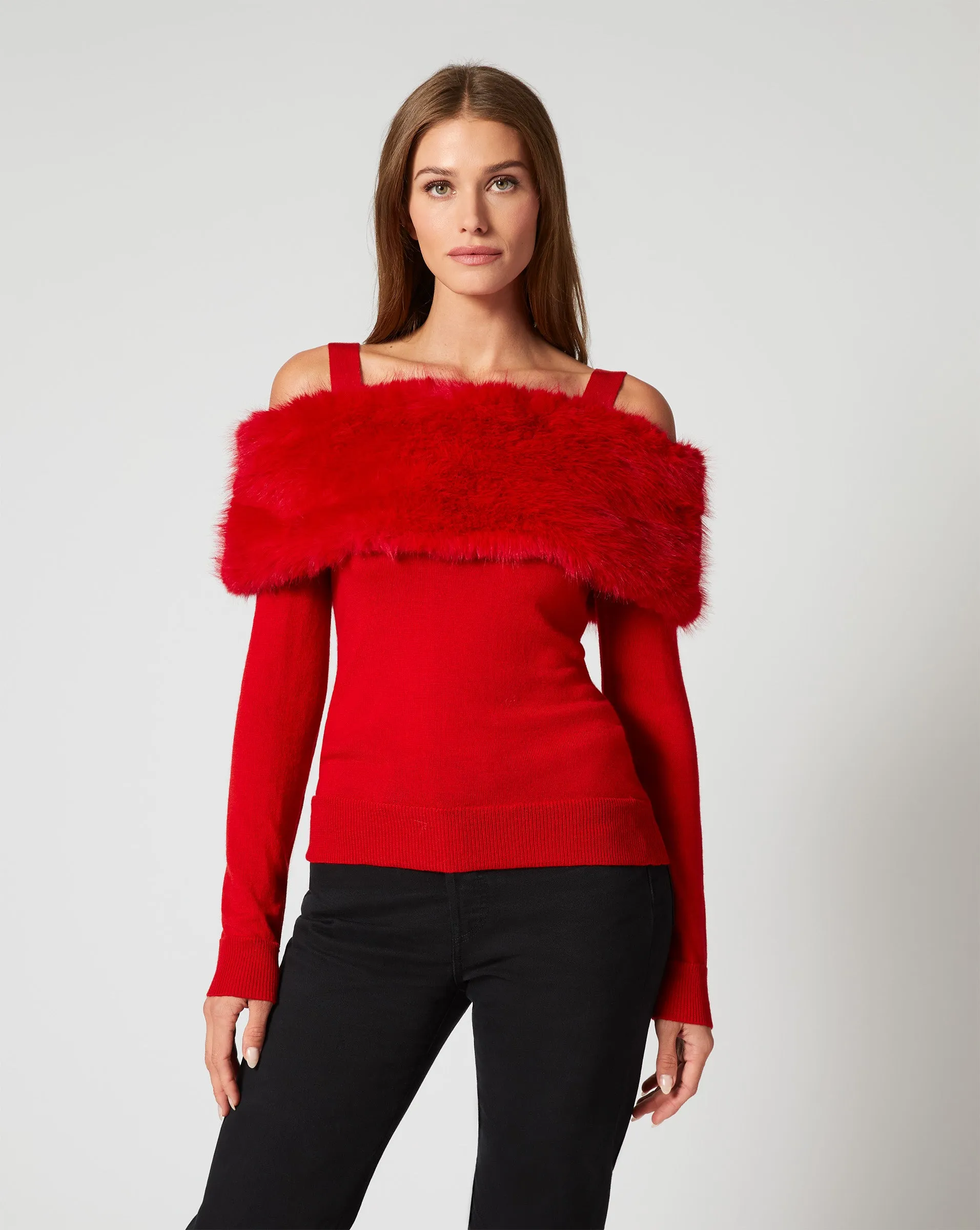 Cold Shoulder Faux Fur & Wool Sweater