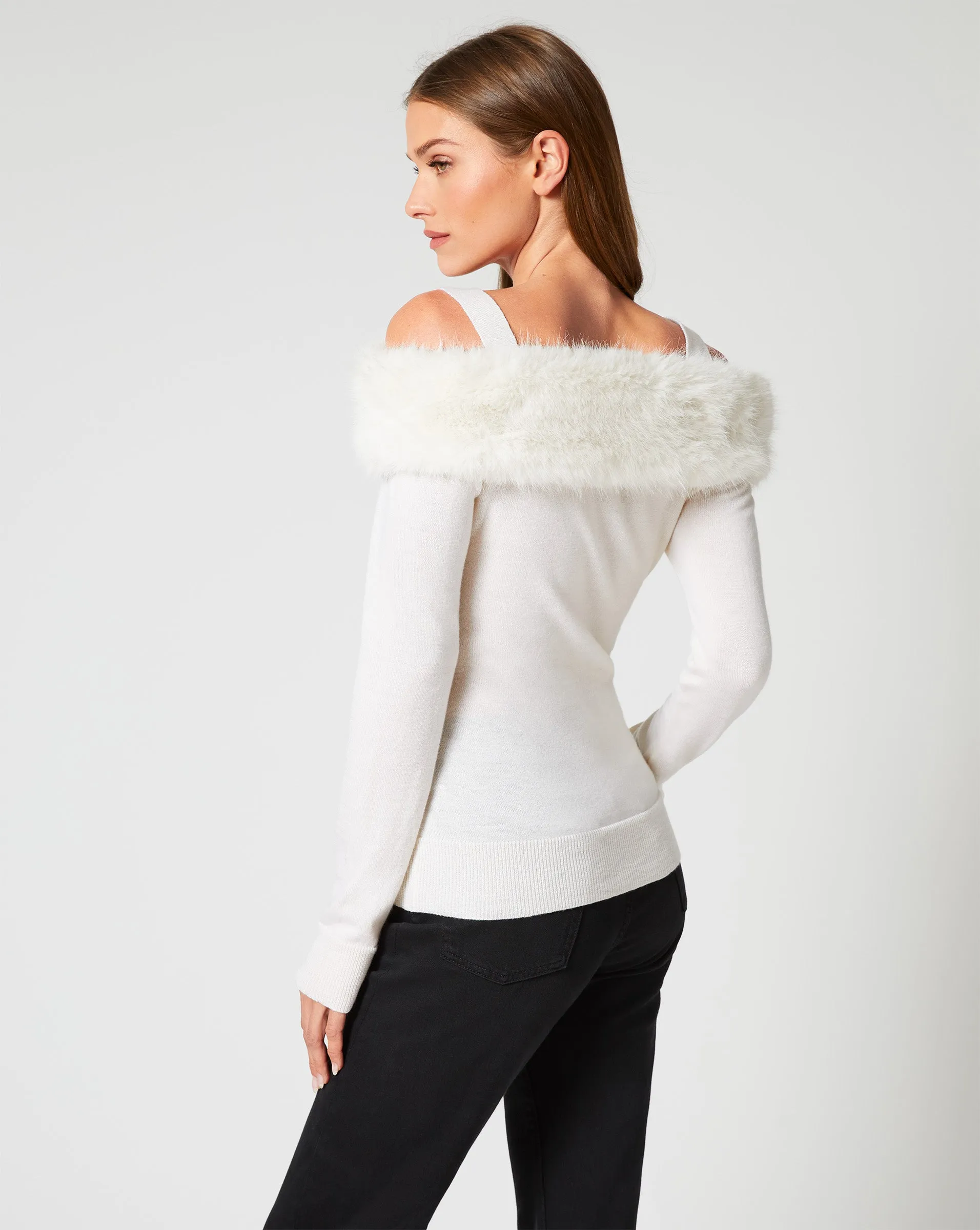 Cold Shoulder Faux Fur & Wool Sweater