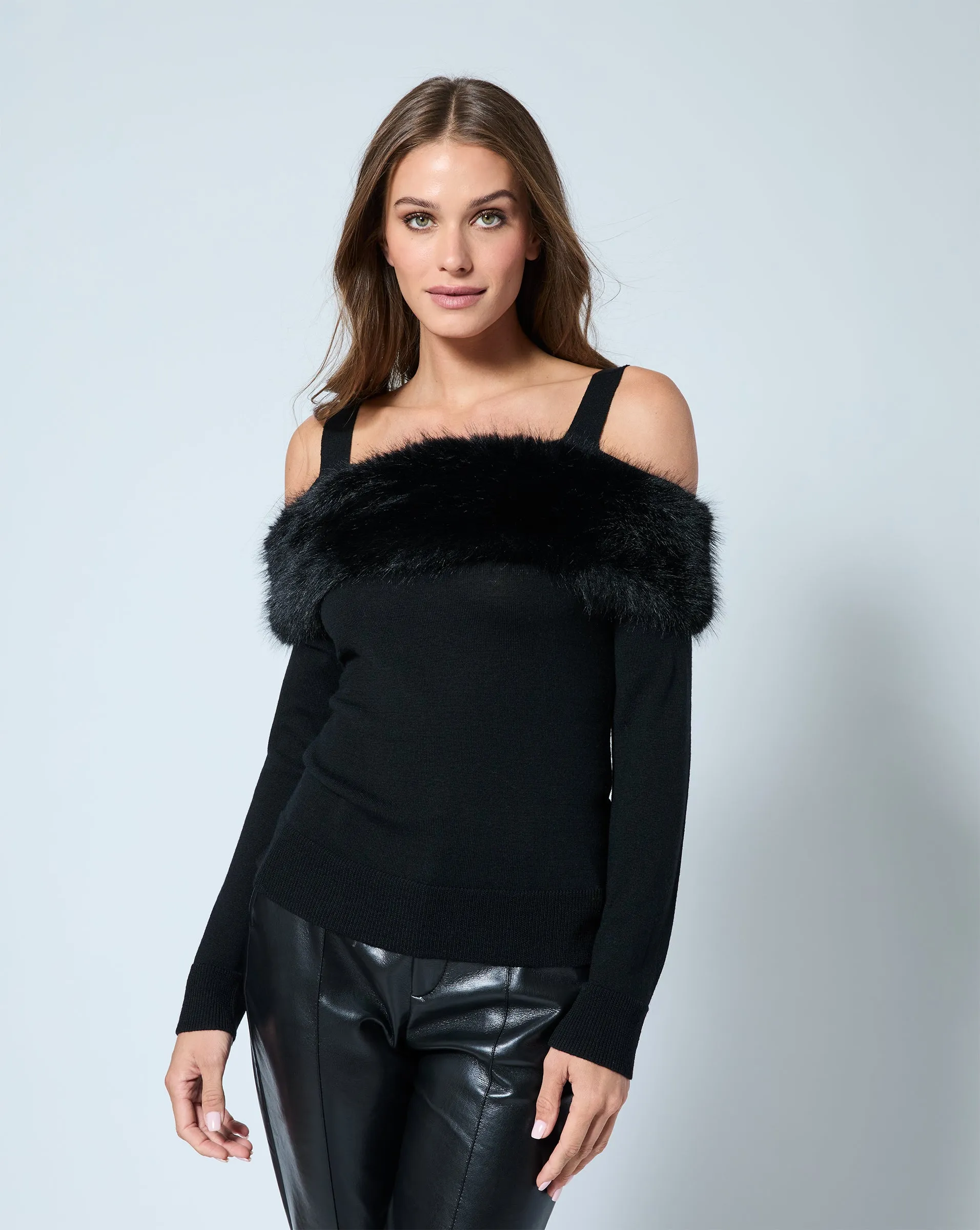 Cold Shoulder Faux Fur & Wool Sweater