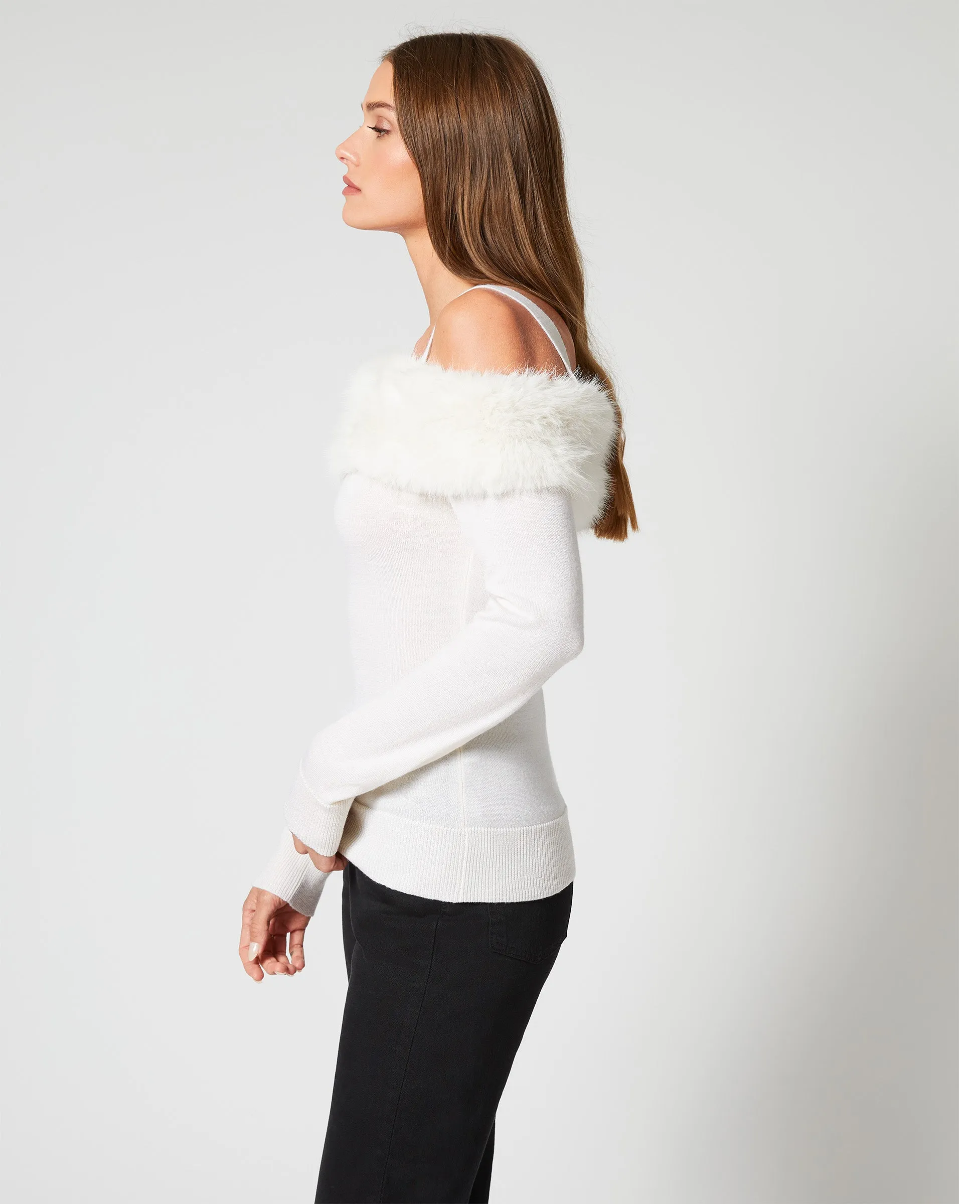 Cold Shoulder Faux Fur & Wool Sweater