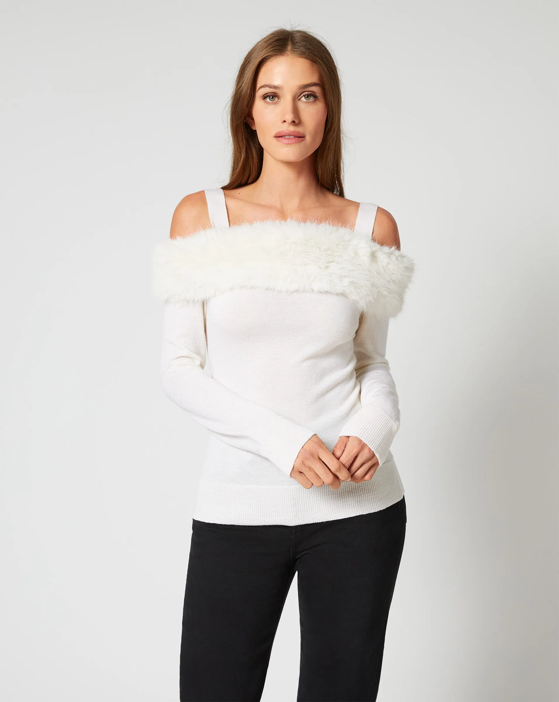 Cold Shoulder Faux Fur & Wool Sweater