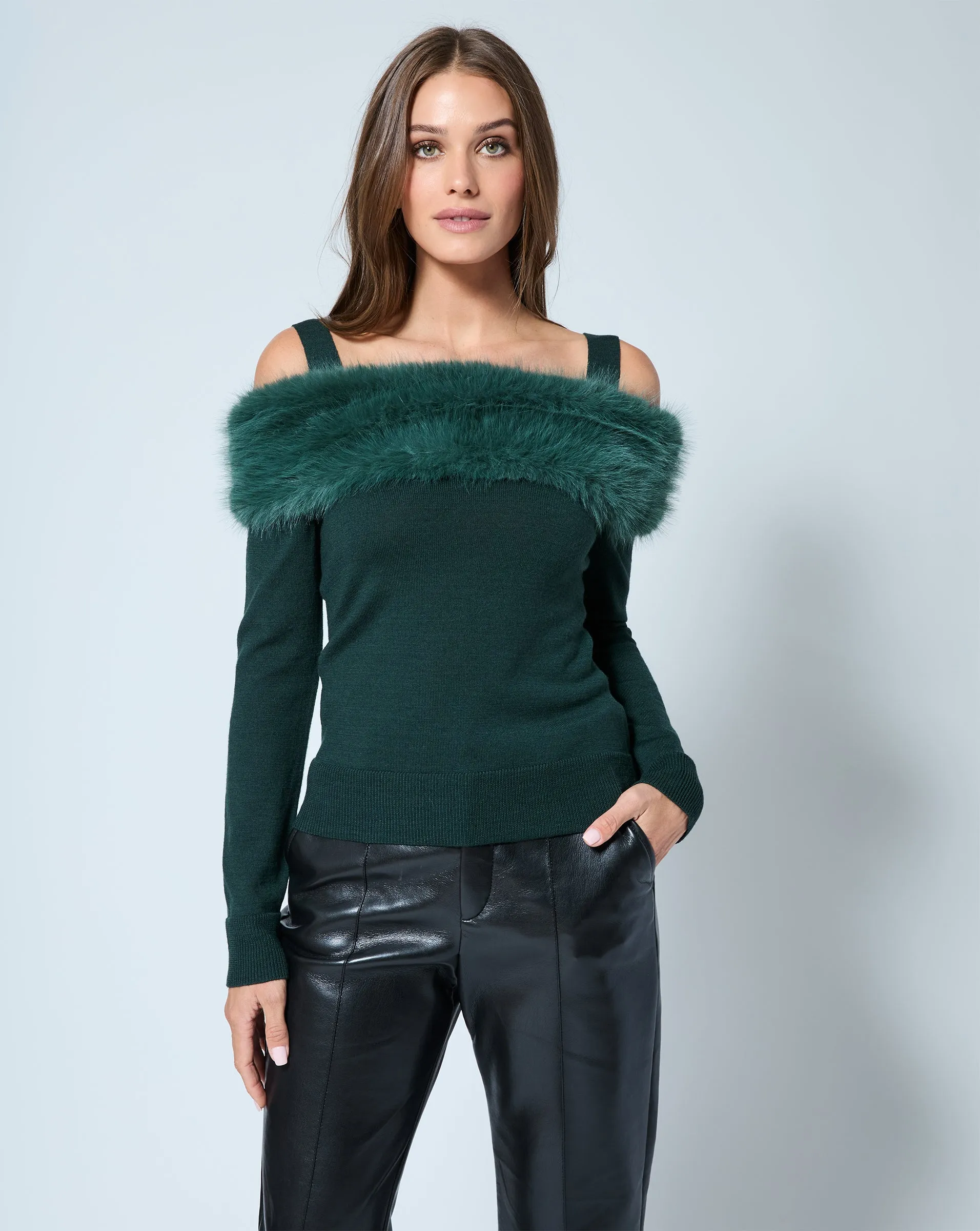 Cold Shoulder Faux Fur & Wool Sweater