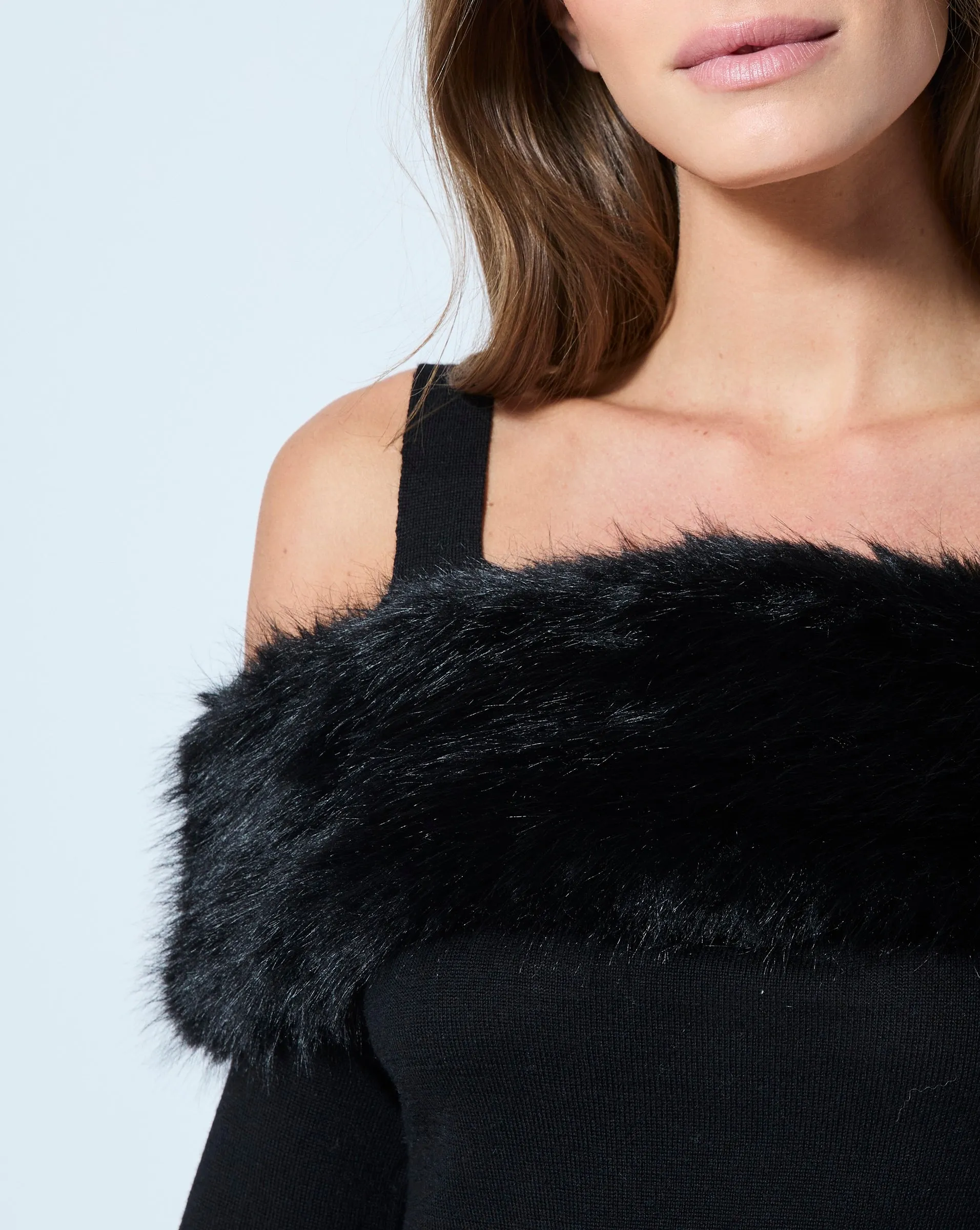 Cold Shoulder Faux Fur & Wool Sweater