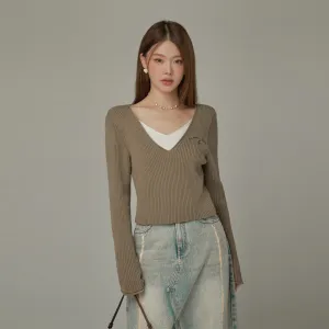 Color V-Neck Layered Knit Sweater