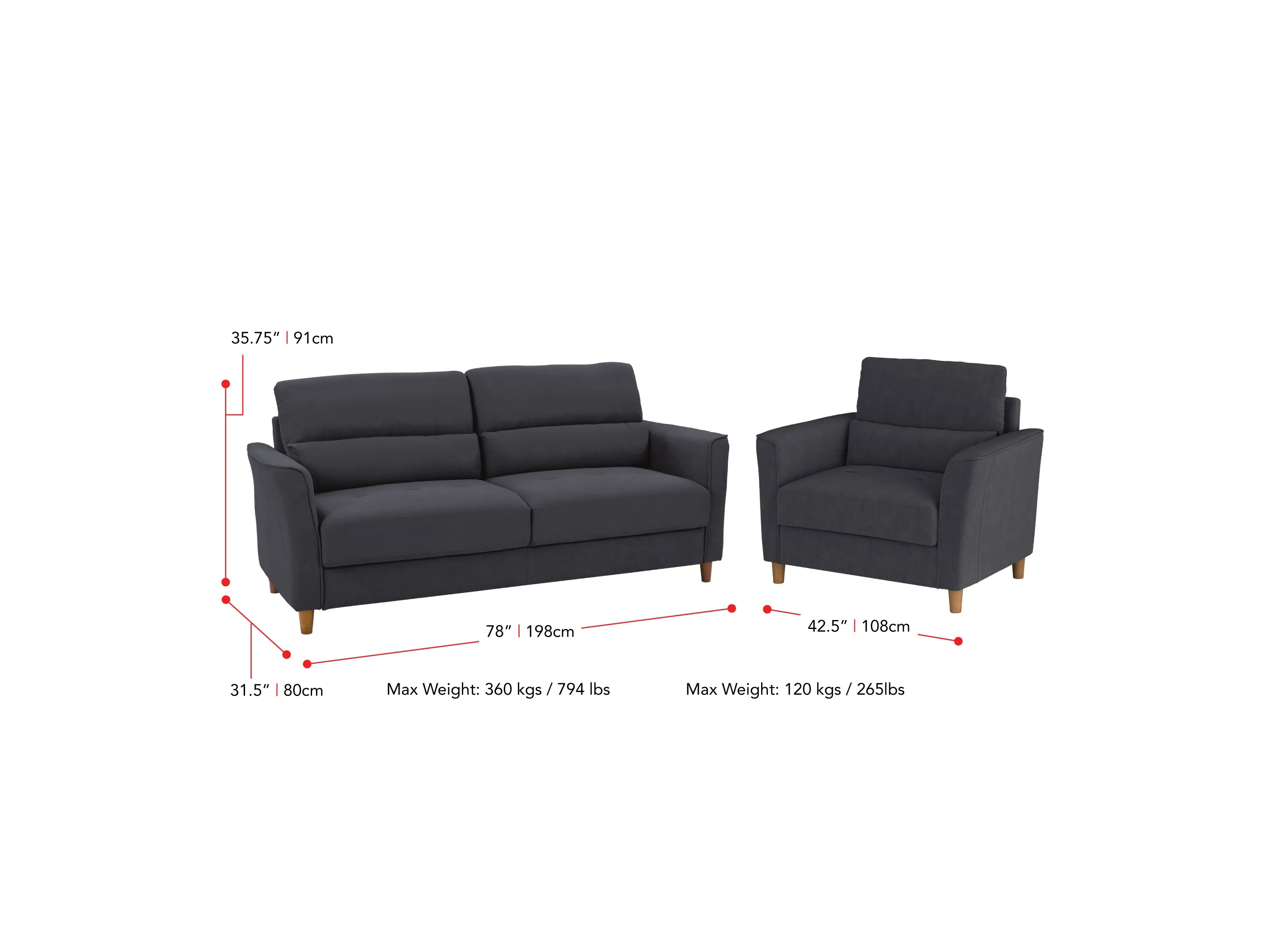 Dark Grey 2-Piece 3 Seat Sofa and Chair Set