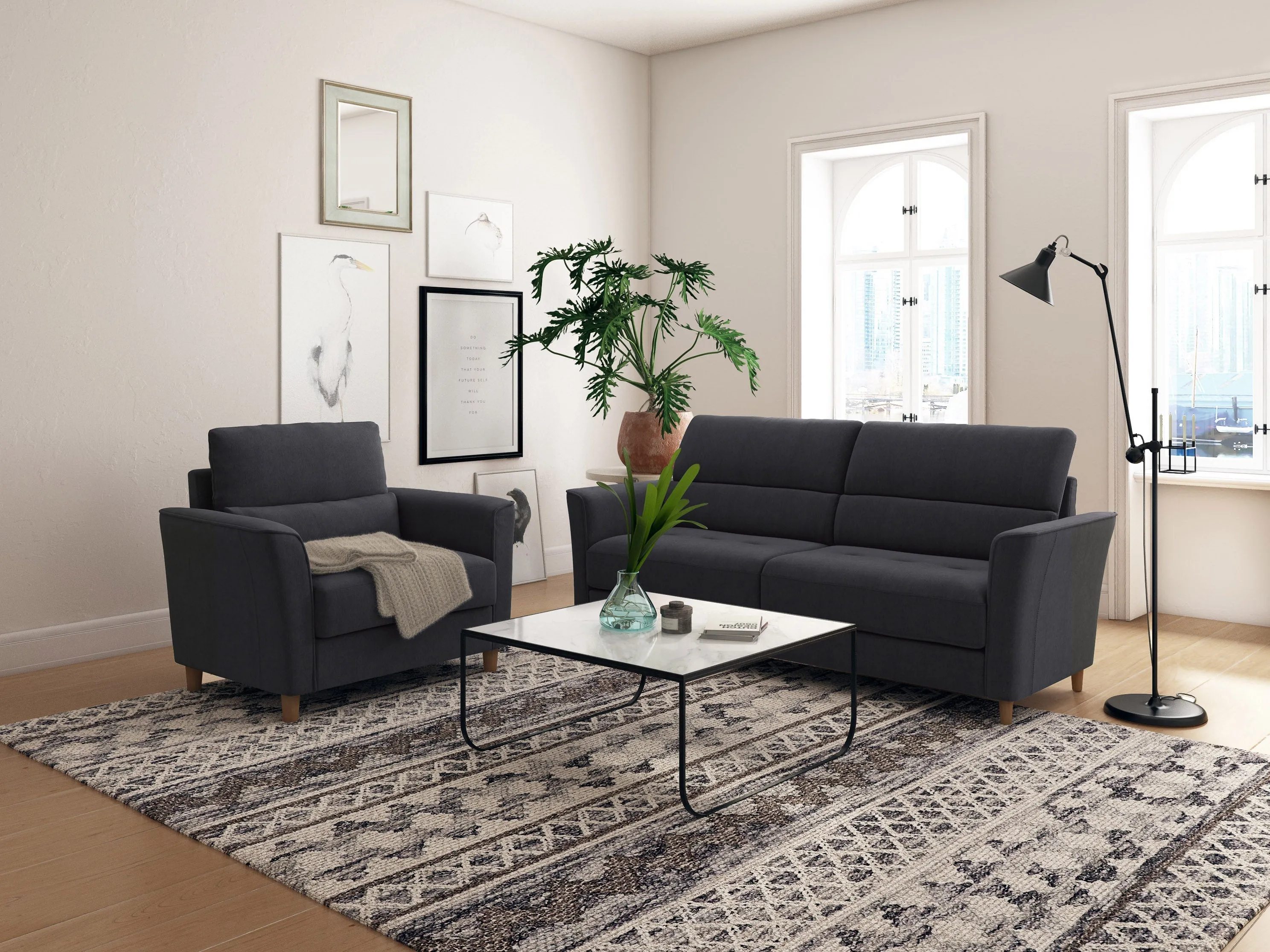 Dark Grey 2-Piece 3 Seat Sofa and Chair Set