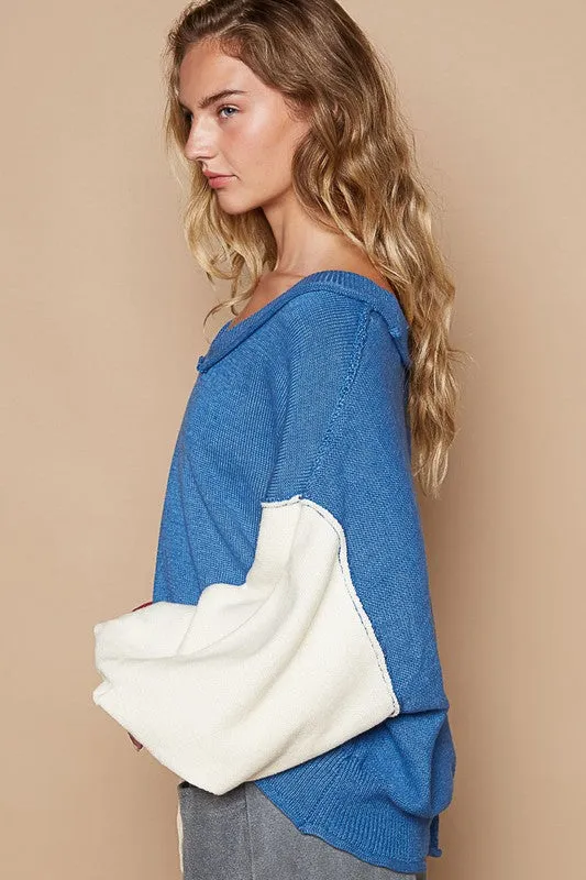 Exposed Seam Contrast V-Neck Lantern Sleeve Sweater