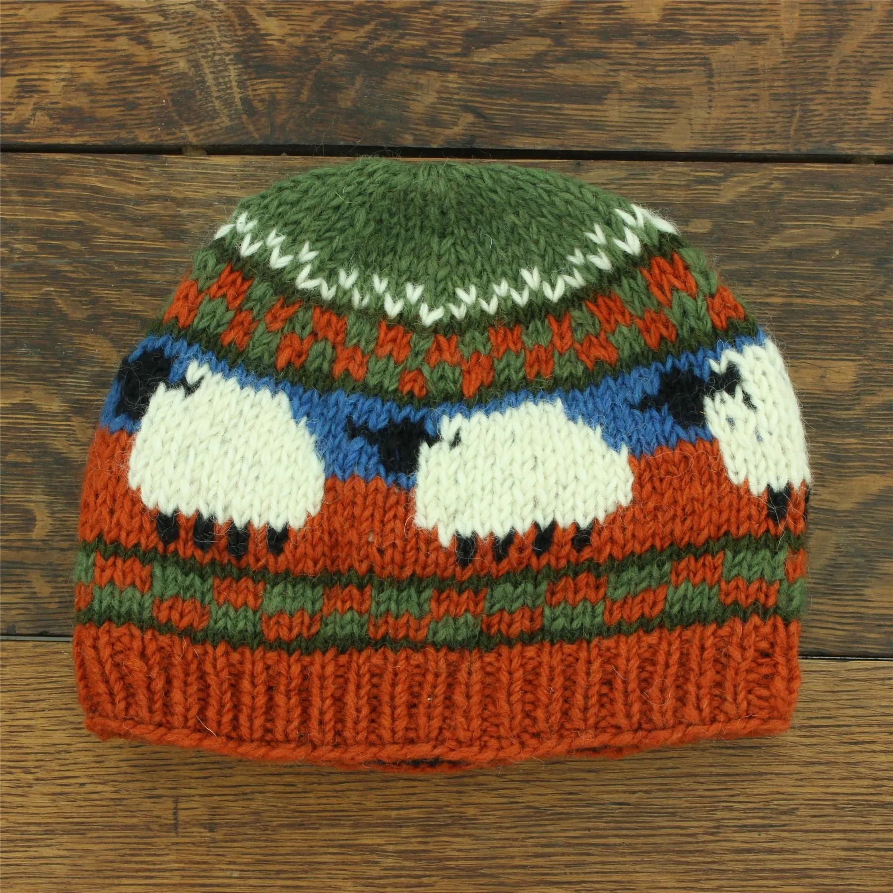 Hand Knitted Wool Beanie Hat - Orange Green