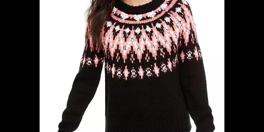 Hooked Up by IOT Juniors' Fair Isle Crewneck Sweater Black Combo Size Small