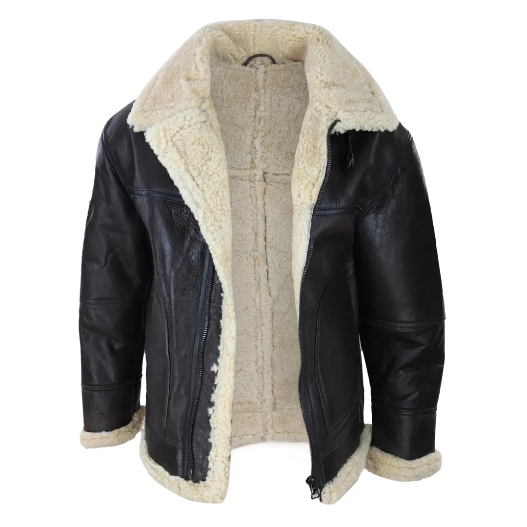 Men's Brown Sheepskin Flying Jacket Zipped Cream Fur Classic WW2 Pilot Military