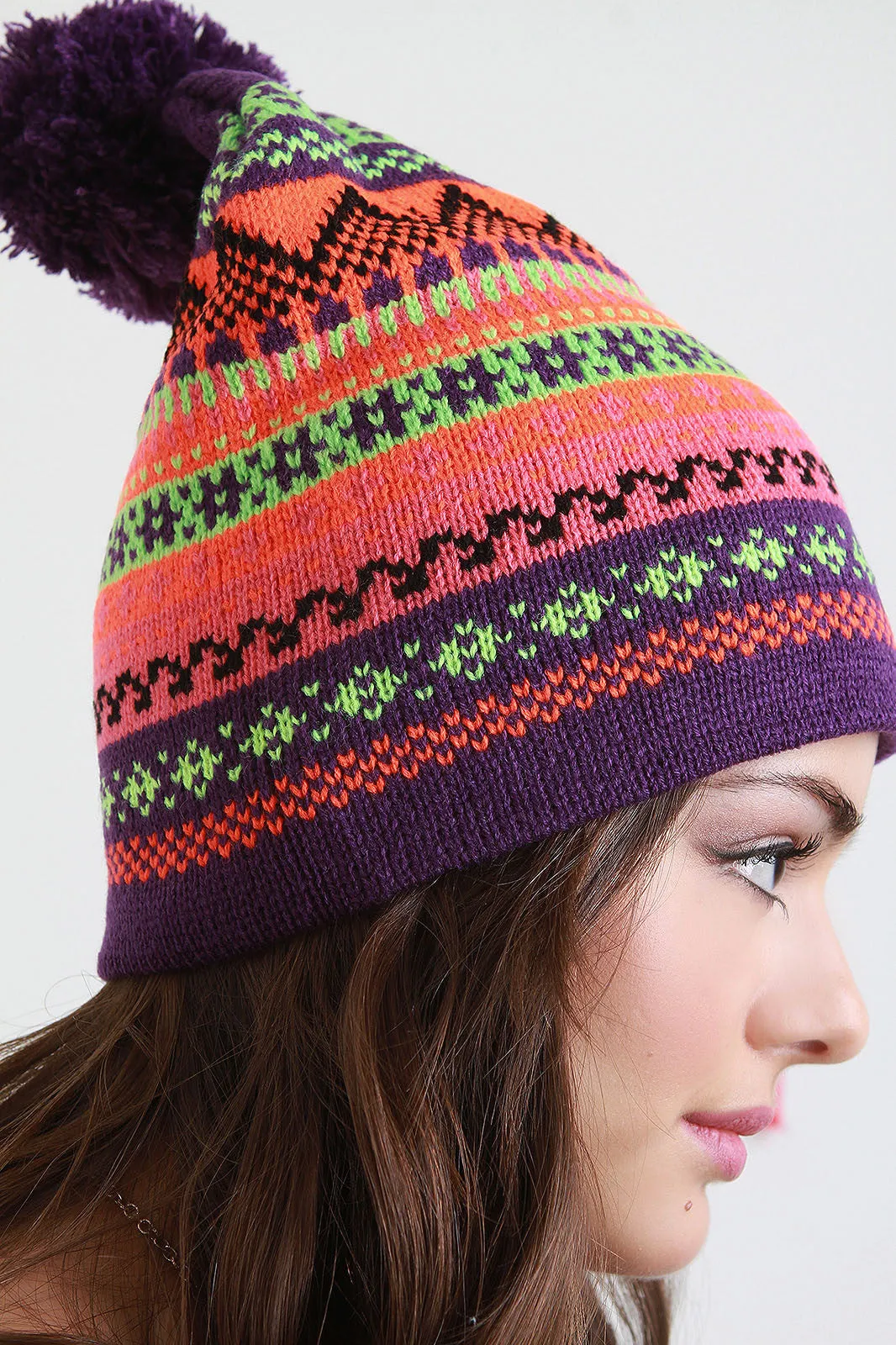 Multicolor Fair Isle Pom Pom Beanie