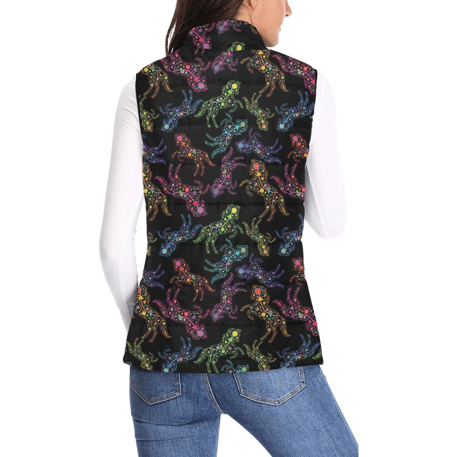 Neon Floral Horses Women's Padded Vest Jacket