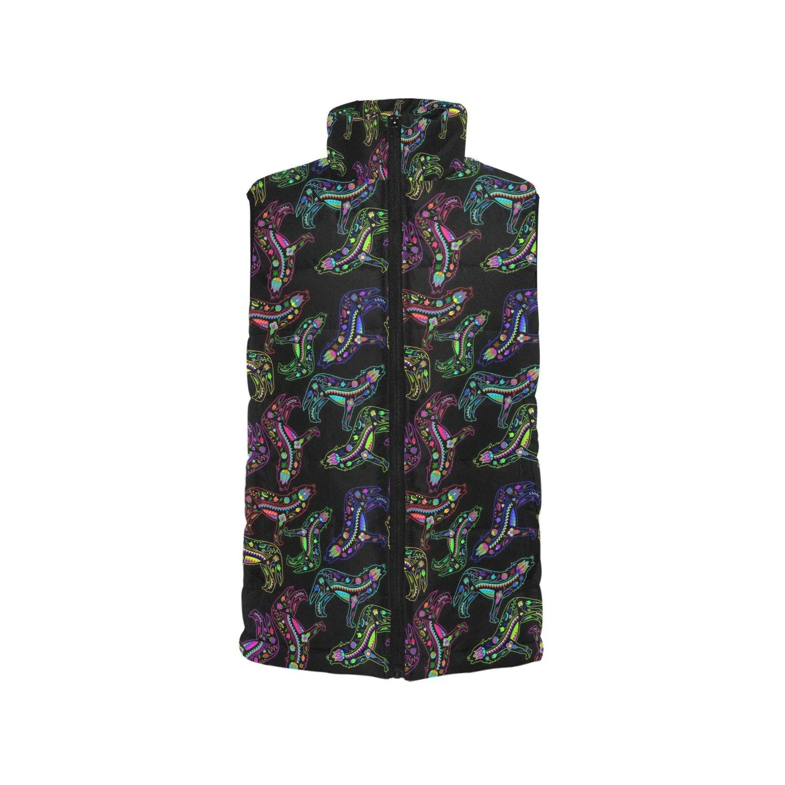 Neon Floral Wolves Women's Padded Vest Jacket