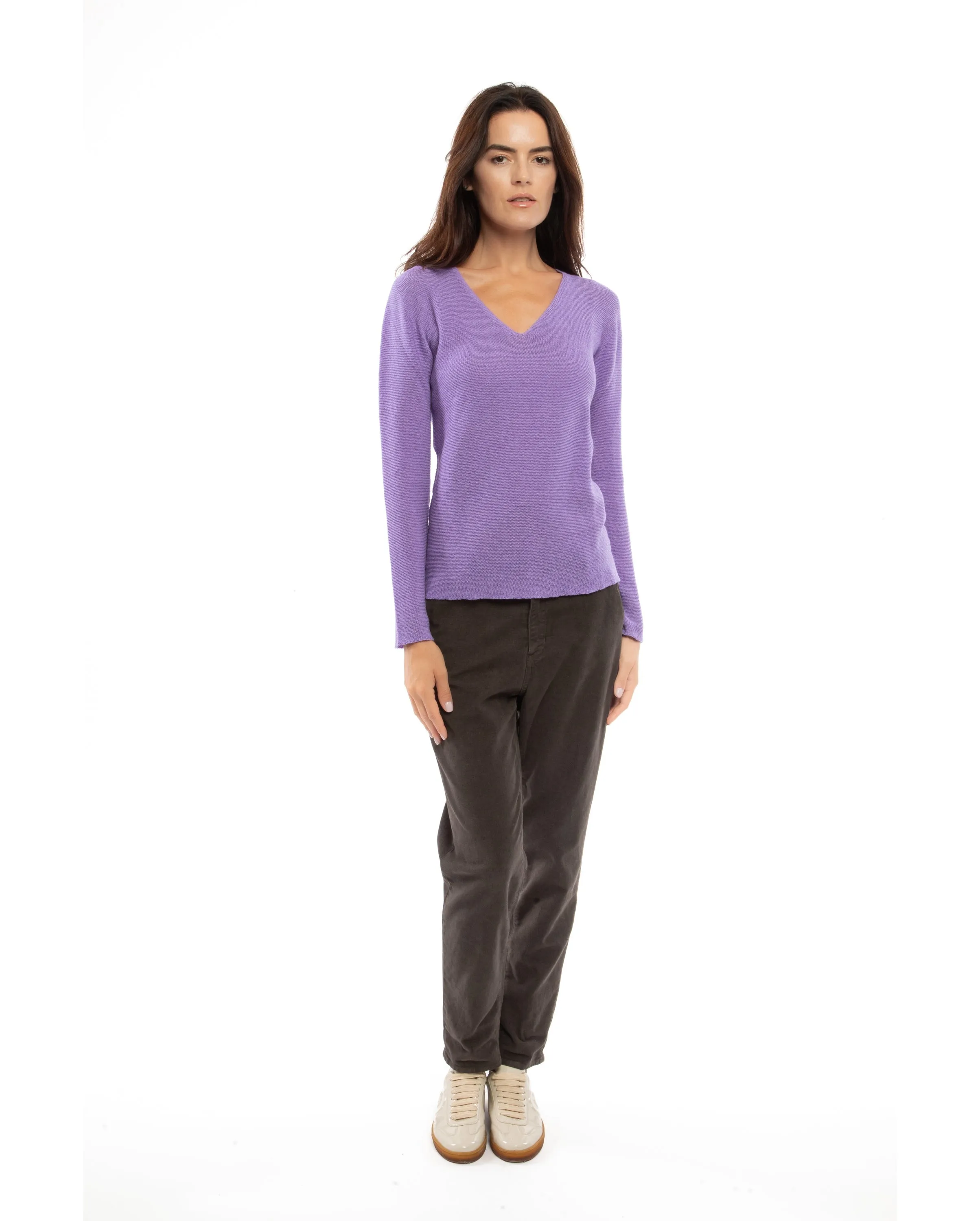 NEW FALL 24 - Women's Pure Cashmere Links Stitch V-Neck Melange Blue