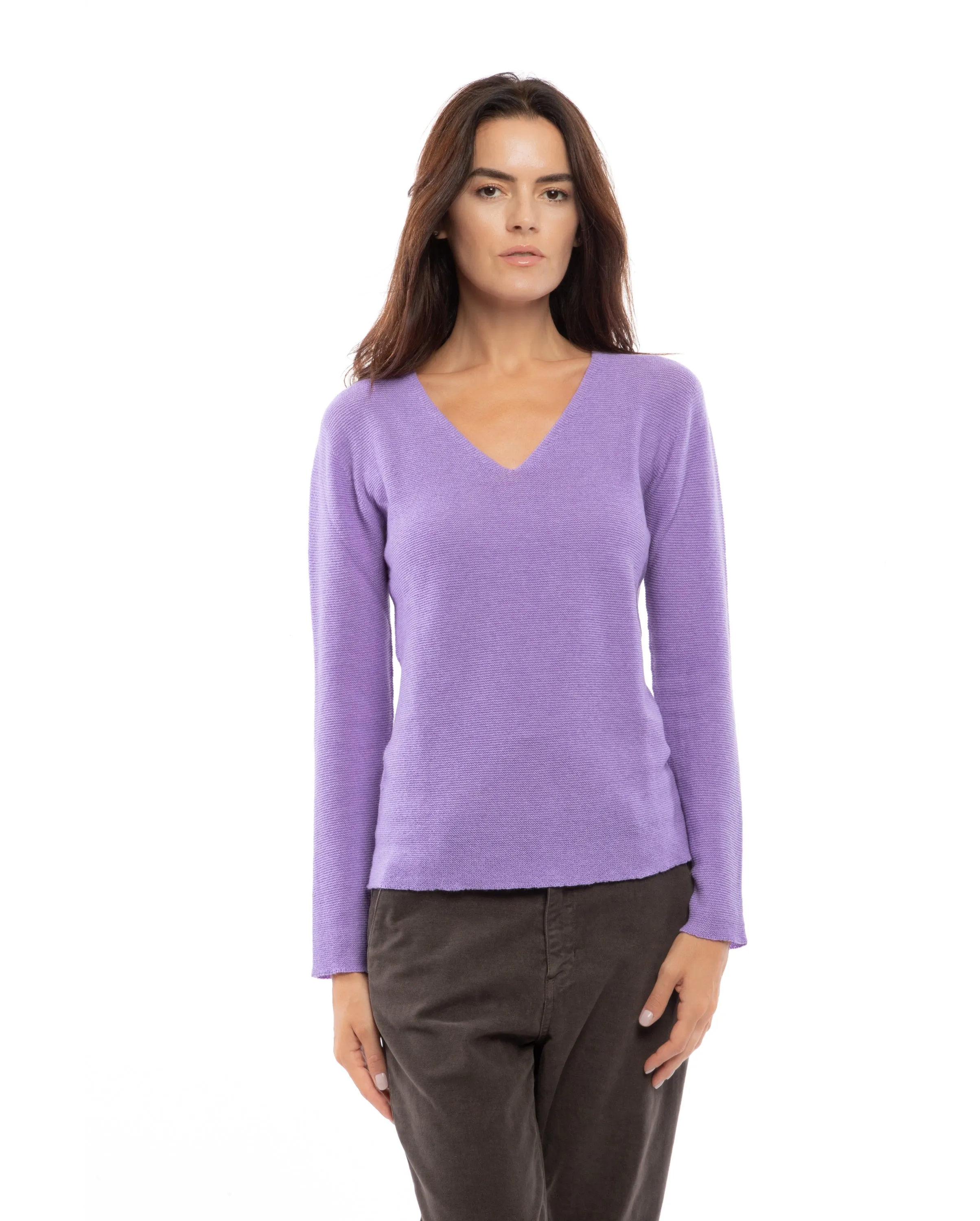 NEW FALL 24 - Women's Pure Cashmere Links Stitch V-Neck Melange Blue